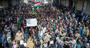 Syrian Arabs and Kurds protest in Jindires town in the Afrin region. Holding the slogan "5 years of injustice, enough!", the protestors condemned the killing of 4 civilian Kurds for celebrating Newroz/Nawroz. Credit: Photojournalist Ammar al-Zeer.