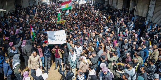 Syrian Arabs and Kurds protest in Jindires town in the Afrin region. Holding the slogan "5 years of injustice, enough!", the protestors condemned the killing of 4 civilian Kurds for celebrating Newroz/Nawroz. Credit: Photojournalist Ammar al-Zeer.